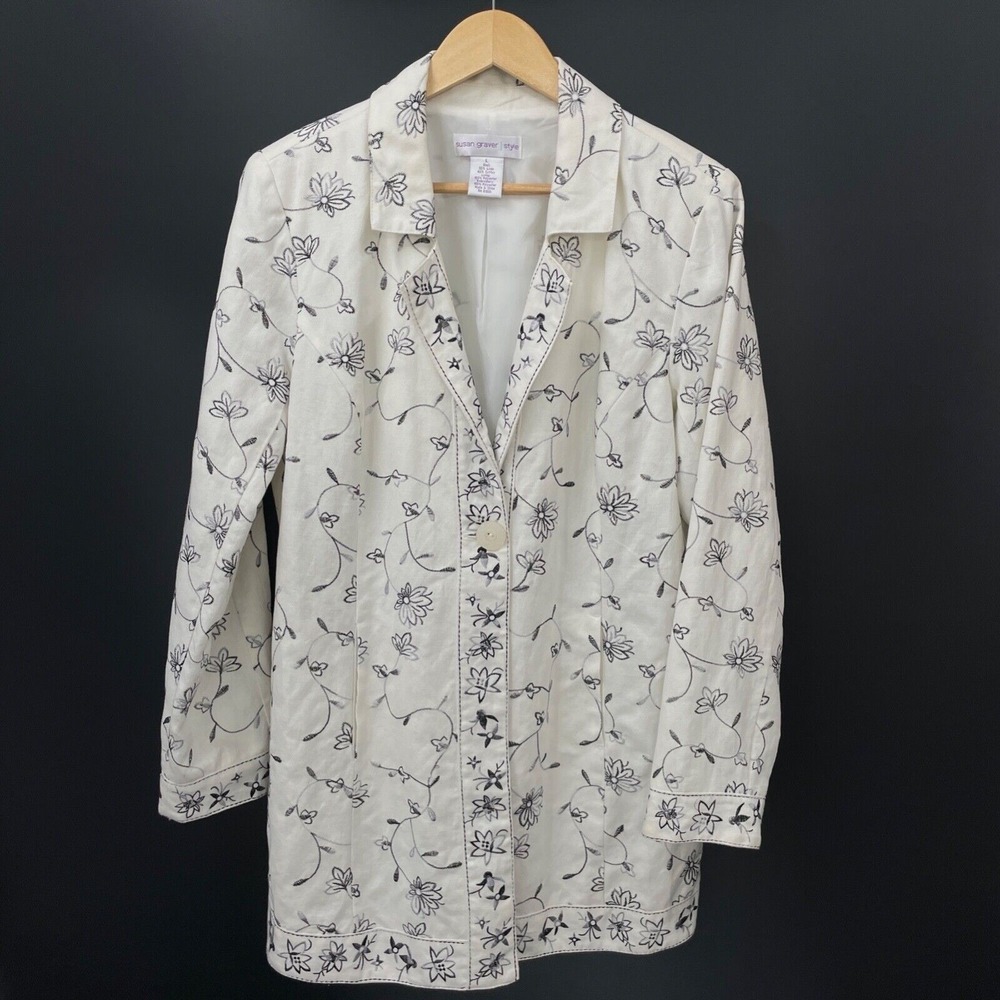 Susan Graver Blazer Large White Linen Cotton Floral Embroidered Cottage Chic
